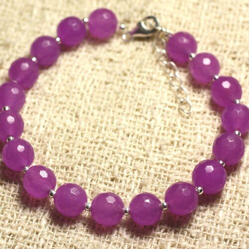 Bracelet argent 925 et pierre - jade rose fuchsia violette facettée 8mm