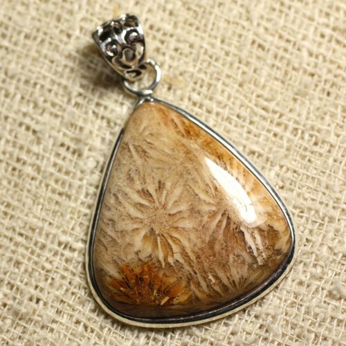 N4 - pendentif argent 925 et pierre - corail fossile goutte 36x32mm