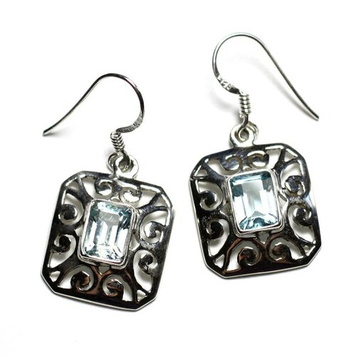 Bo238 - boucles d'oreilles argent 925 et pierre - rectangles filigranes arabesques 18mm topaze bleue