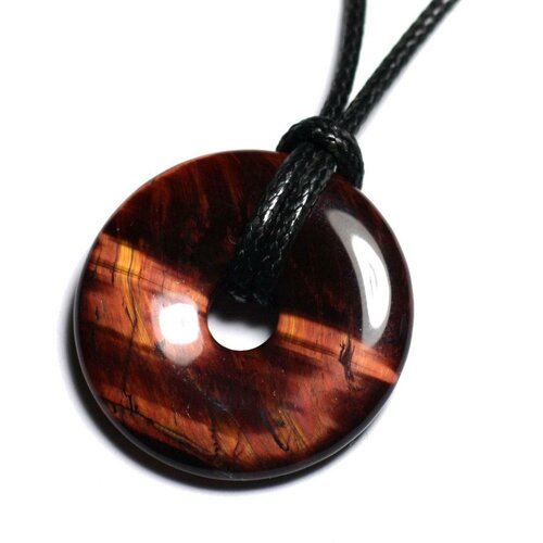 Collier pendentif pierre - oeil tigre rouge taureau rond cercle donut pi 30mm rouge bordeaux