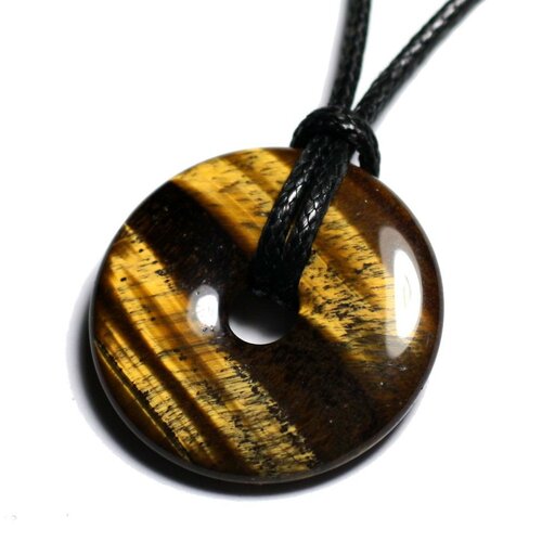 Collier pendentif pierre - oeil de tigre rond cercle donut pi 30mm marron doré bronze noir