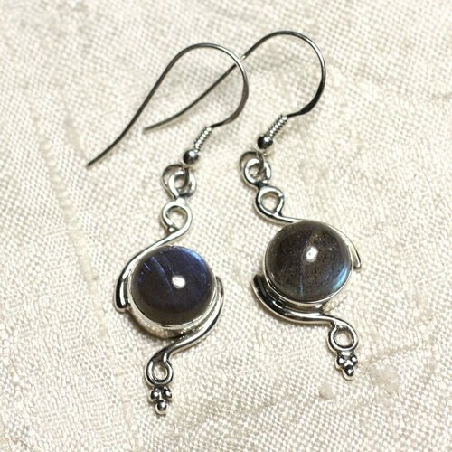 Bo213 - boucles d'oreilles argent 925 et pierre labradorite ronds spirales 30mm