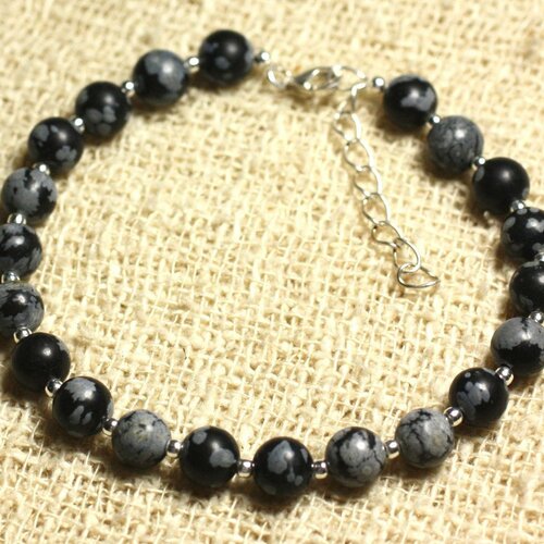 Bracelet argent 925 et pierre - obsidienne flocon de neige 6mm