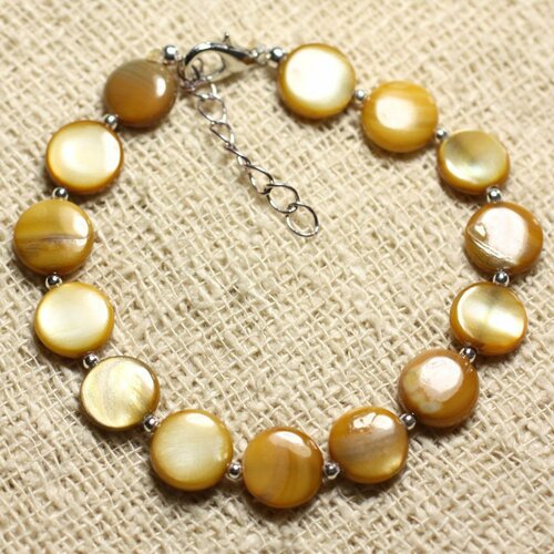Bracelet argent 925 et nacre palets 10mm marron bronze