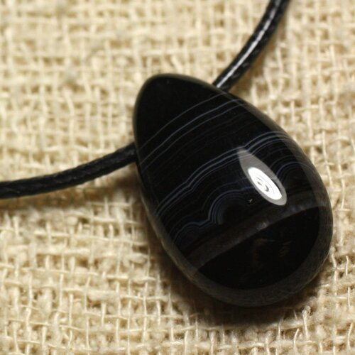 Collier pendentif en pierre - agate noire goutte 25mm