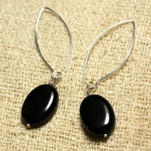 Boucles d'oreilles argent 925 crochets 40mm - obsidienne noire ovales 18x13mm