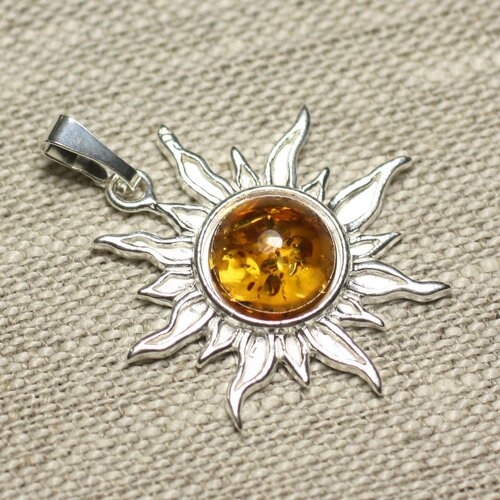 Pendentif argent 925 et pierre - soleil 28mm - ambre orange rond 10mm