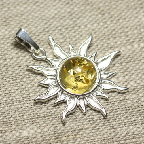 Pendentif argent 925 et pierre - soleil 28mm - ambre jaune rond 10mm