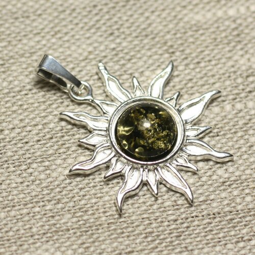 Pendentif argent 925 et pierre - soleil 28mm - ambre verte rond 10mm