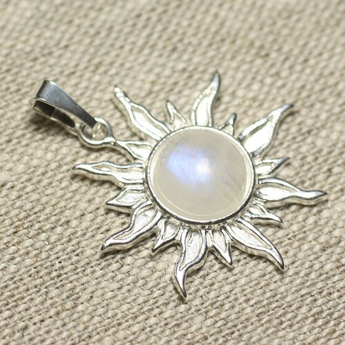 Pendentif argent 925 et pierre - soleil 28mm - pierre de lune arc en ciel rond 10mm