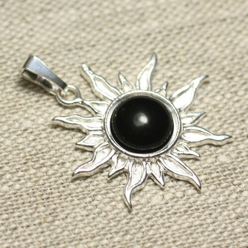 Pendentif argent 925 et pierre - soleil 28mm - obsidienne noire rond 10mm