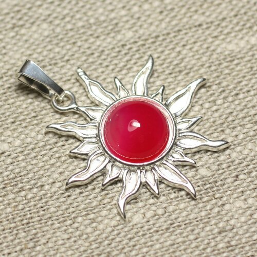 Pendentif argent 925 et pierre - soleil 28mm - agate rose fluo rond 10mm