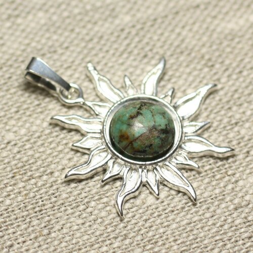 Pendentif argent 925 et pierre - soleil 28mm - turquoise afrique rond 10mm