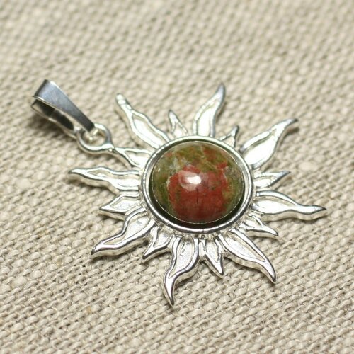 Pendentif argent 925 et pierre - soleil 28mm - unakite rond 10mm