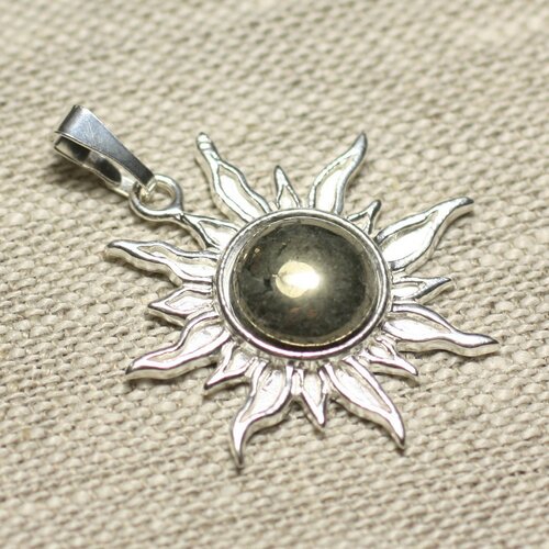 Pendentif argent 925 et pierre - soleil 28mm - pyrite dorée rond 10mm