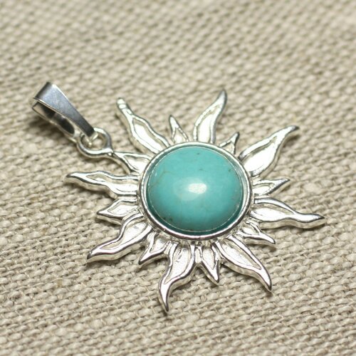 Pendentif argent 925 et pierre - soleil 28mm - magnésite bleu turquoise rond 10mm