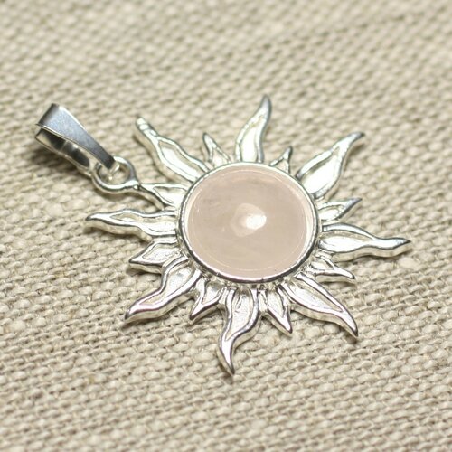 Pendentif argent 925 et pierre - soleil 28mm - quartz rose rond 10mm