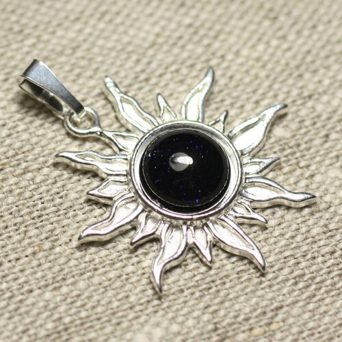 Pendentif argent 925 et pierre - soleil 28mm - pierre soleil synthèse bleue galaxy rond 10mm