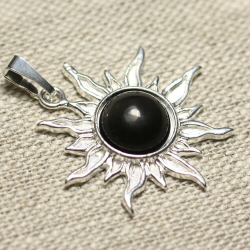 Pendentif argent 925 et pierre - soleil 28mm - obsidienne noire arc en ciel rond 10mm