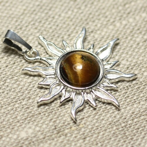 Pendentif argent 925 et pierre - soleil 28mm - oeil de tigre rond 10mm
