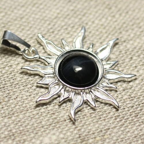 Pendentif argent 925 et pierre - soleil 28mm - oeil de faucon tigre bleu rond 10mm