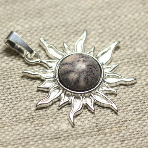 Pendentif argent 925 et pierre - soleil 28mm - jaspe mauve rond 10mm