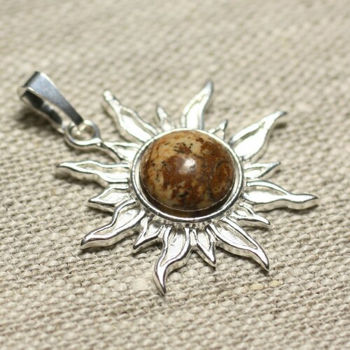Pendentif argent 925 et pierre - soleil 28mm - jaspe paysage beige rond 10mm