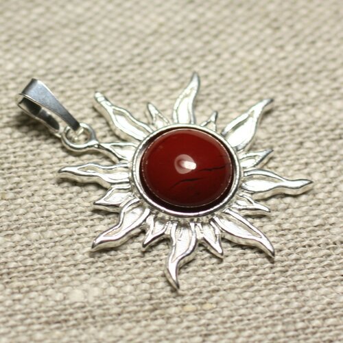 Pendentif argent 925 et pierre - soleil 28mm - jaspe rouge rond 10mm
