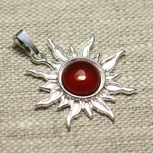 Pendentif argent 925 et pierre - soleil 28mm - cornaline rond 10mm