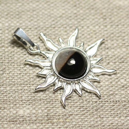 Pendentif argent 925 et pierre - soleil 28mm - agate noire et blanche rond 10mm