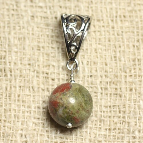 Pendentif pierre semi précieuse et rhodium - unakite 12mm
