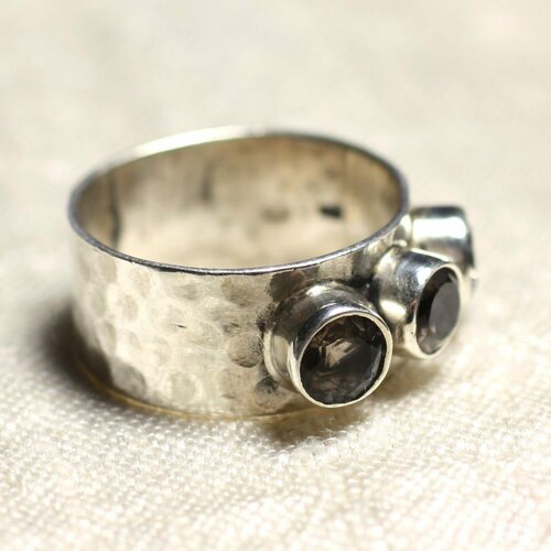 N227 - bague argent massif 925 martelé et pierre - quartz fumé ronds 5mm