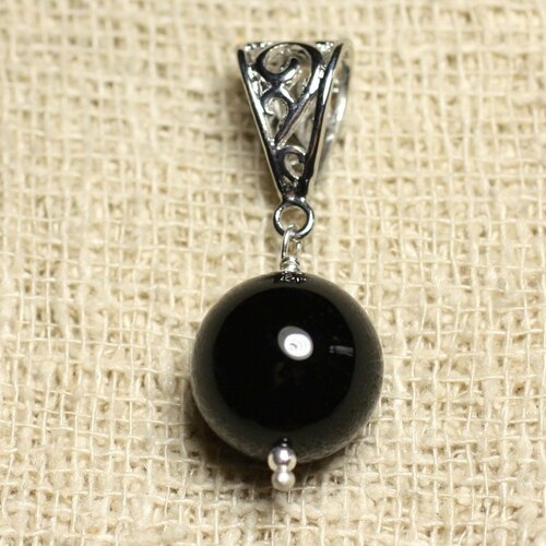 Pendentif pierre semi précieuse et rhodium - onyx noir 14mm
