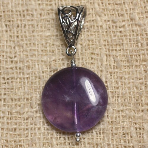 Pendentif pierre semi précieuse - améthyste palet 20mm