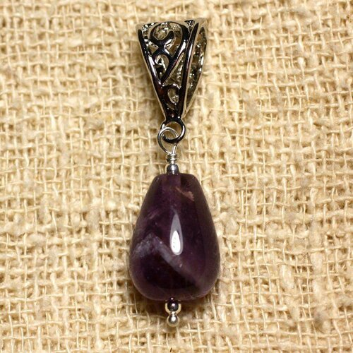 Pendentif pierre semi précieuse - améthyste goutte ronde 14x10mm