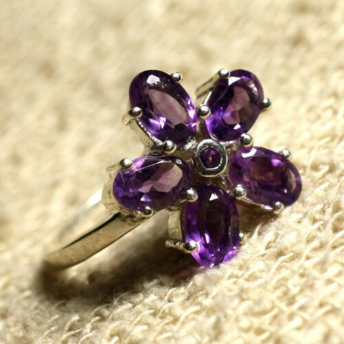 N113 - bague argent massif 925 et pierre - améthyste facettée fleur 15mm
