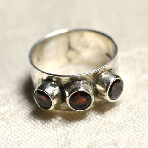 N227 - bague argent massif 925 martelé et pierre - grenat ronds 4mm