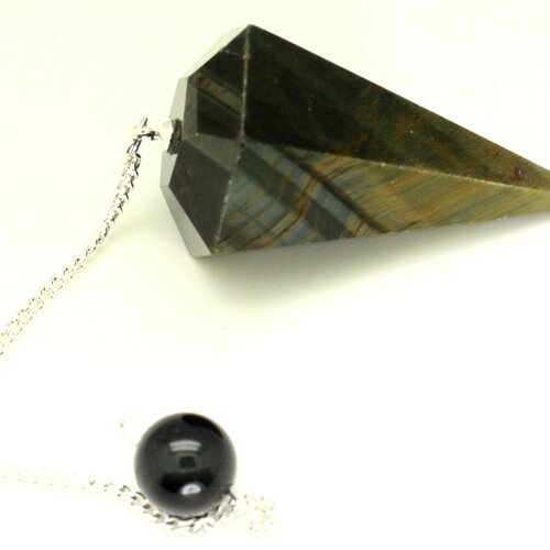 Pendule métal argenté rhodium et pierre oeil tigre faucon prisme triangle facetté 36mm marron doré bleu noir