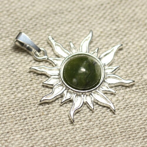 Pendentif argent 925 et pierre - soleil 28mm - jade canada nephrite vert kaki rond 10mm