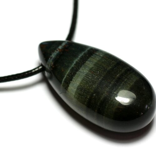 Collier pendentif perle pierre oeil faucon tigre goutte 40mm bleu vert noir marron doré