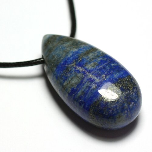 Collier pendentif perle pierre lapis lazuli goutte 40mm bleu roi nuit gris doré