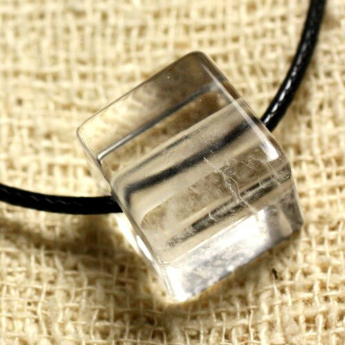 Collier pendentif perle pierre cristal de roche quartz cube 15mm blanc transparent