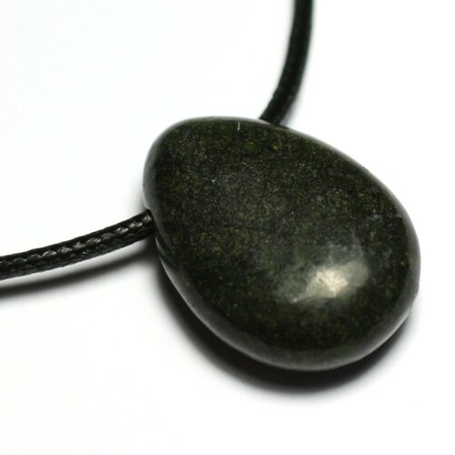 Collier perle pendentif pierre serpentine goutte 25mm vert kaki noir