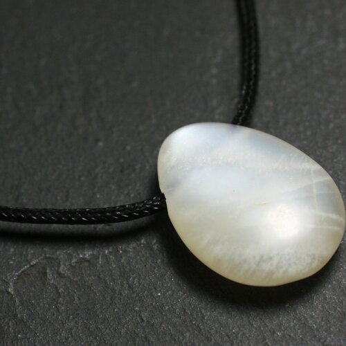 Collier perle pendentif pierre de lune orientale goutte 25mm blanc gris rose reflets irisés