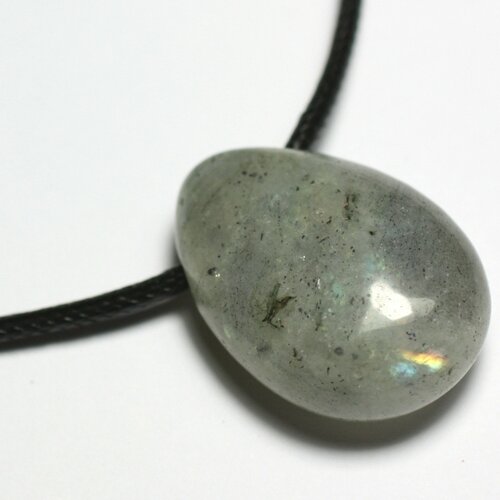 Collier perle pendentif pierre labradorite goutte 25mm gris reflets bleus verts multicolores