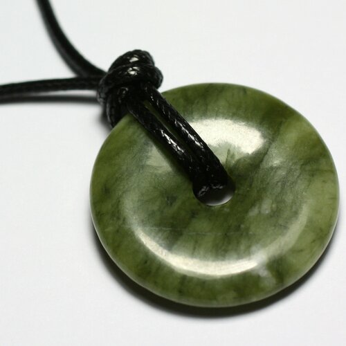 Collier pendentif pierre jade naturel rond cercle anneau donut pi 30mm métal vert kaki