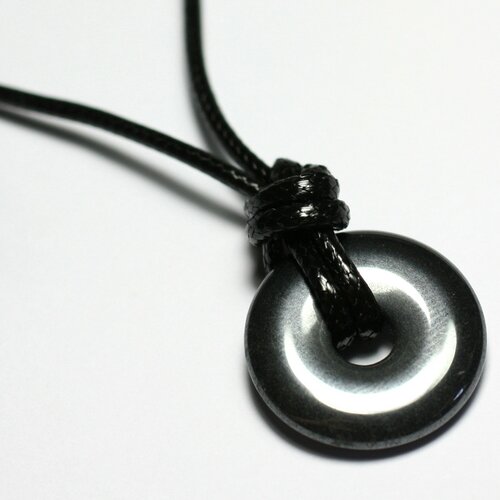 Collier pendentif pierre hematite rond cercle anneau donut pi 20mm métal gris noir argenté