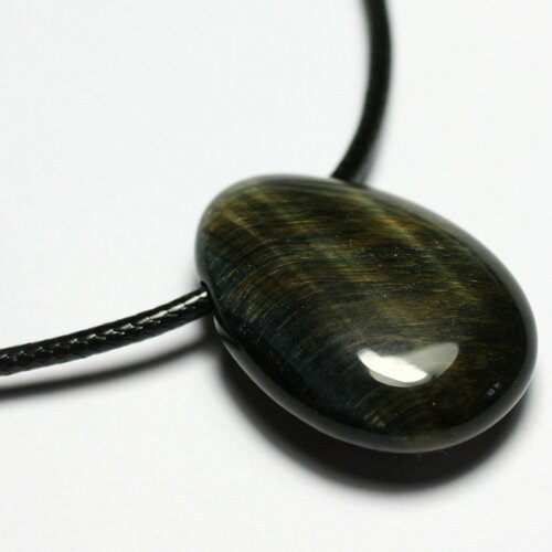 Collier pendentif perle pierre oeil faucon et tigre goutte 25mm marron doré bronze noir bleu reflets