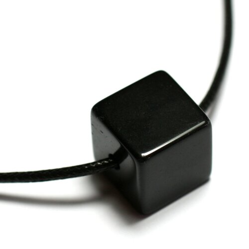 Collier pendentif perle pierre carré cube 14mm obsidienne noire