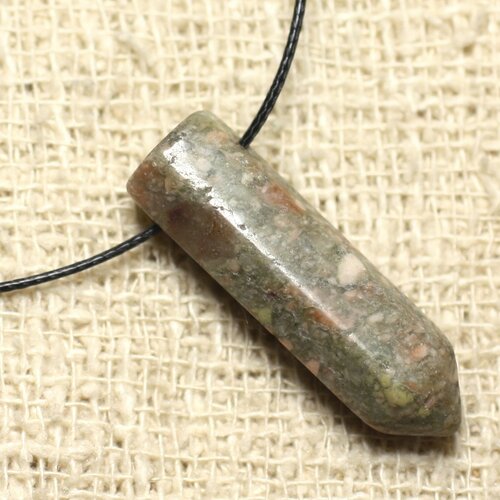 Collier perle pendentif pierre crayon pointe facetté 30mm unakite vert rose rouge